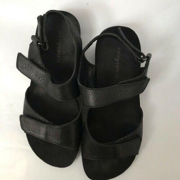 Easy Spirit Womens Black Leather Sandals Adjustable Straps Comfortable Flat 5m - Picture 2 of 6